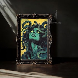 May include: A framed print of a woman with green hair and eyes, surrounded by snakes. The background is yellow and the frame is ornate and black.