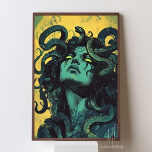 May include: A digital illustration of Medusa, a mythical Greek figure with snakes for hair, depicted in a green and yellow colour scheme. The snakes are intertwined around her head and neck, and her eyes are closed. The background is a yellow and green abstract design.