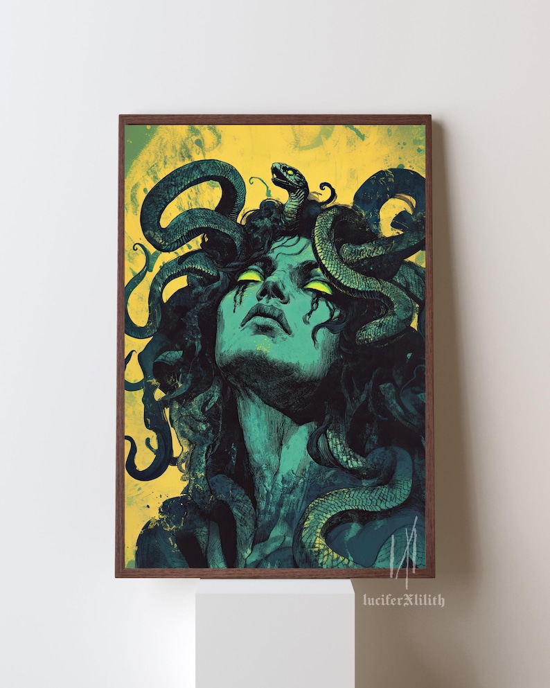 May include: A digital illustration of Medusa, a mythical Greek figure with snakes for hair, depicted in a green and yellow colour scheme. The snakes are intertwined around her head and neck, and her eyes are closed. The background is a yellow and green abstract design.