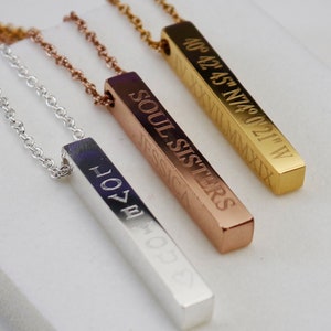 Personalized Gold Bar Necklace – Custom Vertical & Horizontal 3D Engraved Pendant, Four Sides Custom Name Jewelry Gift for Women, Bridesmaid