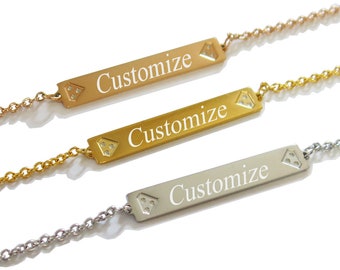 Gepersonaliseerde bar armband aangepaste datum armband Romeinse cijfers aangepaste naam Gold Bar armband diamant gevormde armband bruidsmeisje gift