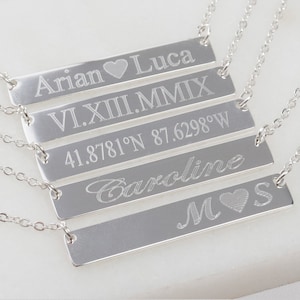 925 Sterling Silver Bar Necklace, Coordinate Necklace, Latitude Longitude Necklace, Engraved Bar Necklace, Silver Bar Necklace, Personalized