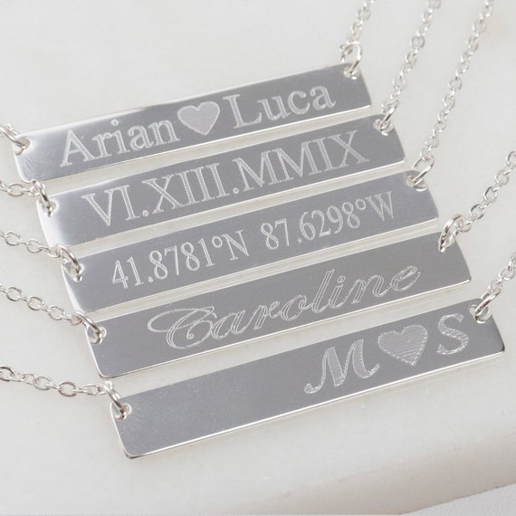 925 Sterling Silver Bar Necklace, Coordinate Necklace, Latitude Longitude Necklace, Engraved Bar Necklace, Silver Bar Necklace, Personalized