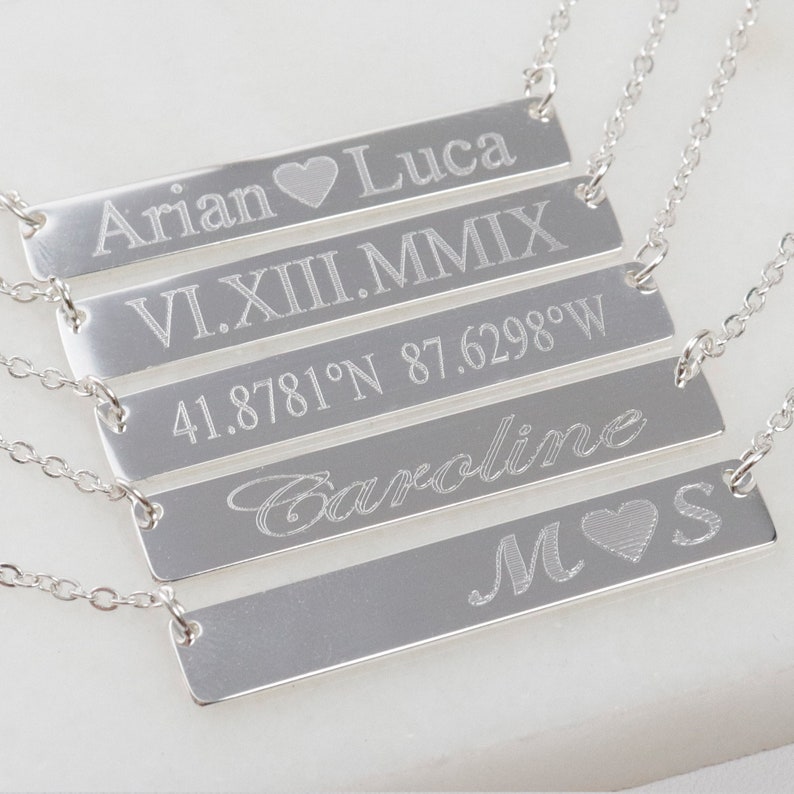 925 Sterling Silver Bar Necklace, Coordinate Necklace, Latitude Longitude Necklace, Engraved Bar Necklace, Silver Bar Necklace, Personalized image 1