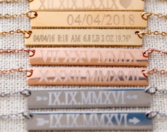 Roman Numeral Necklace , Date Necklace,Personalized Bar Necklace,Roman Numerals,Gold Bar Necklace, Sterling Silver, Gold, Rose Gold