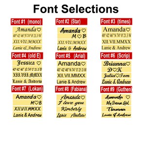 May include: A comparison of nine different fonts for names and text. Each font is displayed with a name, coordinates, and the text "Lanie & Andrew".