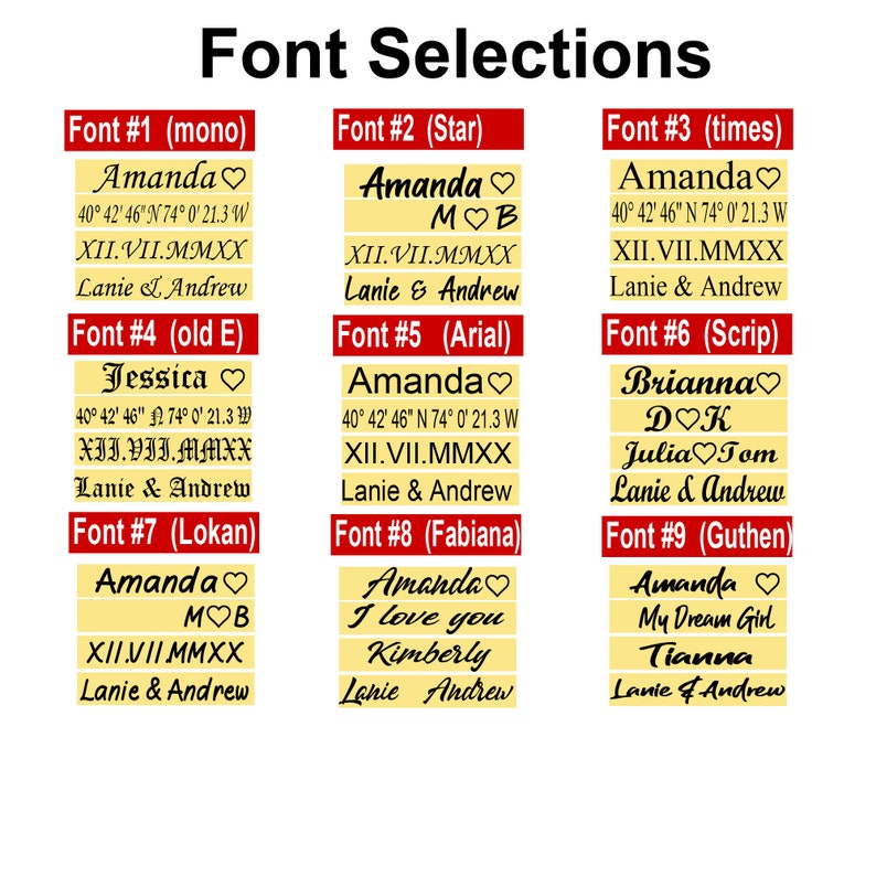May include: A comparison of nine different fonts for names and text. Each font is displayed with a name, coordinates, and the text "Lanie & Andrew".