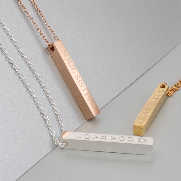 Personalized Vertical Bar Necklace, Horizontal Bar Necklace ,3D Bar Necklace, 4 Sides Gold Bar Necklace