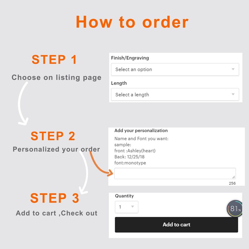 May include: A three-step guide on how to order a personalised item. The steps are: Choose on listing page, Personalised your order, and Add to cart, Check out. The image shows a form with fields for Finish/Engraving, Length, Name and Font, Quantity, and an Add to cart button.