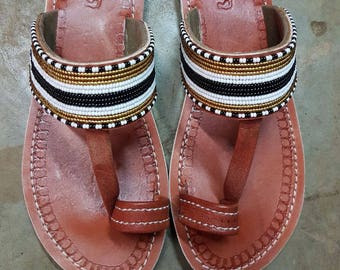 Women Leather Sandals, Women Beach Shoes, Leather Flip Flops, Slip on Sandals, Gift for Women, Gladiator Sandals, Maasai Beaded Sandals