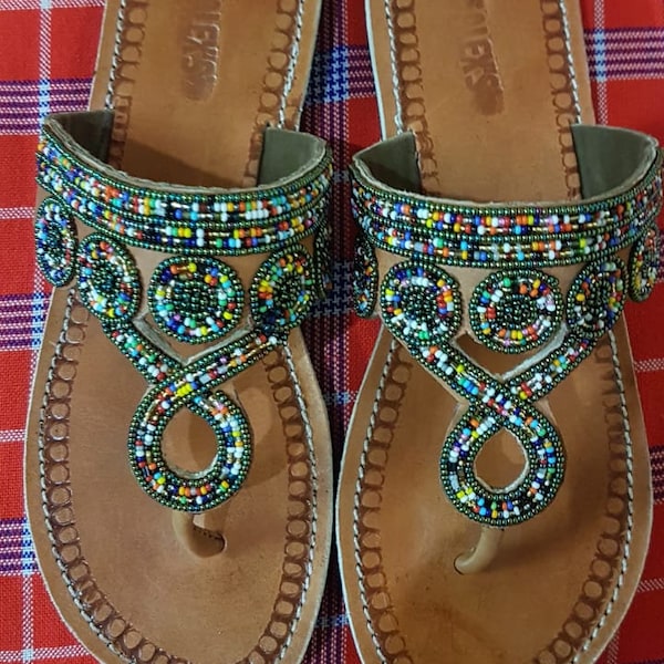 Women Leather Sandals, Women Beach Shoes, Leather Flip Flops, Slip on Sandals, Gift for Women, Gladiator Sandals, Maasai Beaded Sandals