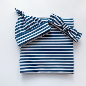 Swaddle baby blanket set, hat or headband, baby boy girl newborn infant present beanie tie outfit boys girls fall cotton jersey blue stripes