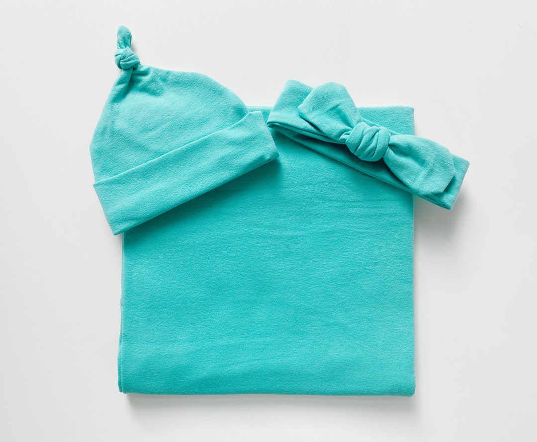 Turquoise Swaddle Blanket Set With Hat or Headband, Baby Girl Boy