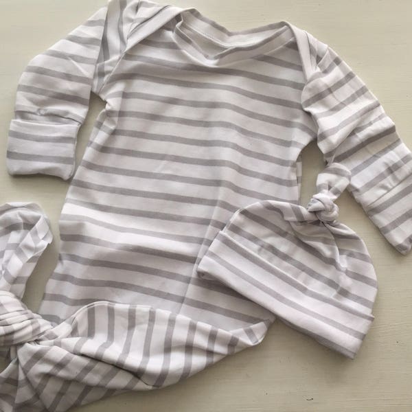 Stripe knotted baby gown and hat outfit, mittens modern layette, gift set, boy, newborn, 0-3 top knot, gray neutral color white fold wrist