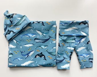 Ocean swaddle pants and matching hat outfit newborn baby boy set with blanket infant, sea life, whales and fish, baby shower gift present