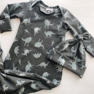 Knotted baby boy gown set with matching hat, newborn coming home outfit, baby gown that ties, dinosaurs, sage green, army green