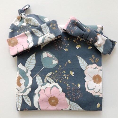 Navy Floral Swaddle Blanket Set With Hat or Headband Stretchy Etsy