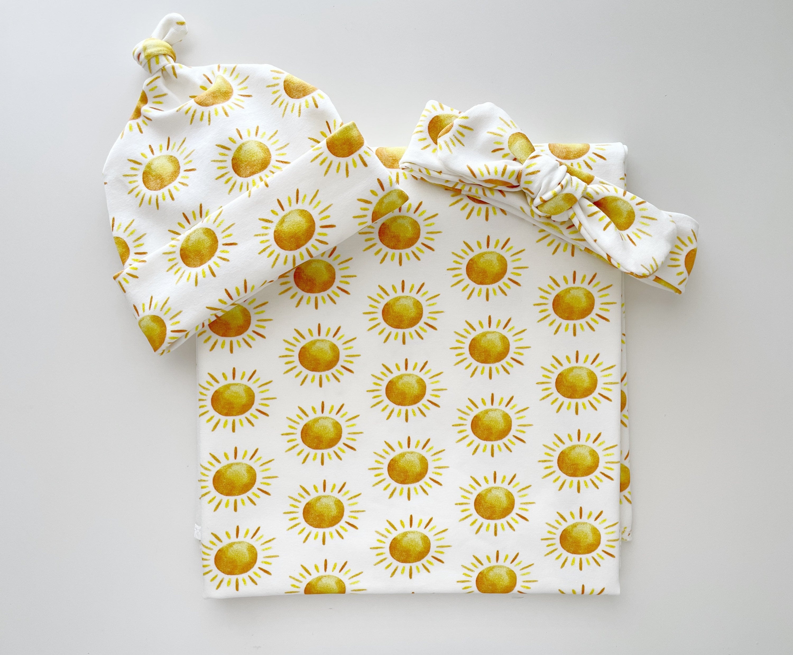 Sun swaddle blanket set, hat or headband, baby girl boy newborn jersey knit shower gift present beanie tie bow, sunshine yellow sunrise