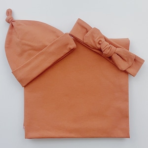 Conjunto de manta para envolver con gorro o diadema, gorro de punto con nudo y lazo para bebé niña niño recién nacido, color neutro sólido óxido naranja otoño