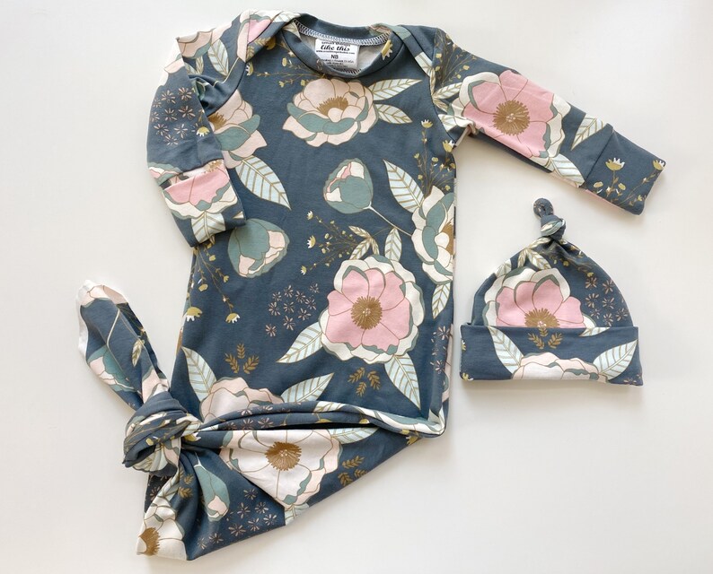 Knotted baby gown with matching hat and headband outfit set Etsy