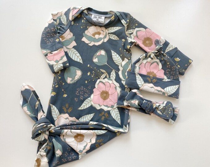 Knotted Baby Gown + Hat Set- Posy main image 1
