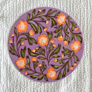Floral Folk Art Painting: Orange, Peach, Lavender - 9x9in Round Canvas