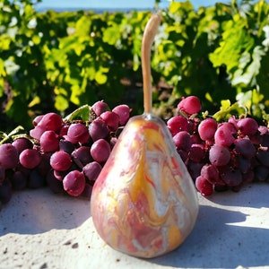textured coloured painted turned wood pear with decorative colourful  acrylic finish