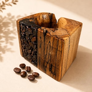 May include: A square wooden container featuring a vertical inlay of dark roasted coffee beans embedded in a black resin strip. The natural wood grain displays brown tones with dark streaks, and five loose coffee beans rest nearby.