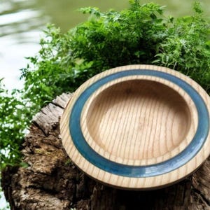 Decorative woodturned  shallow ash bowl with contrasting blue resin trim