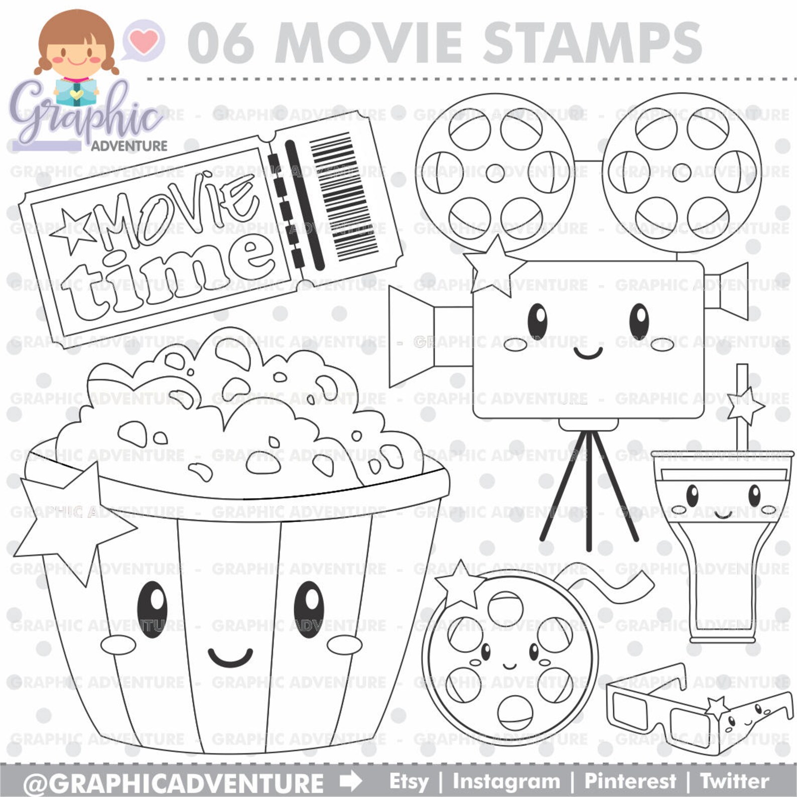 Movie Stamps Movie Time Stamps COMMERCIAL USE Digi Stamp Etsy