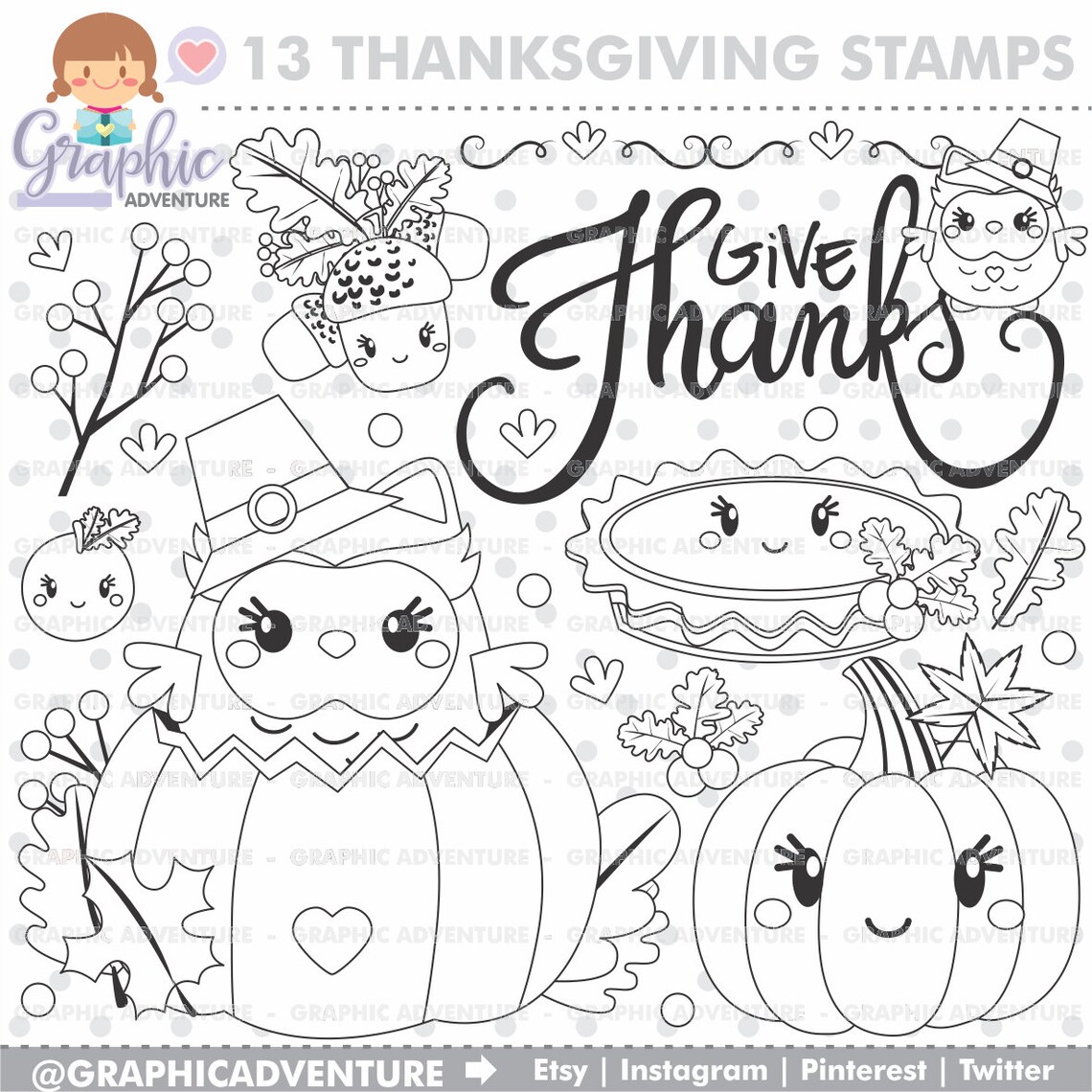 Owl Stamps Thanksgiving Stamps Thanksgiving Coloring Page | Etsy