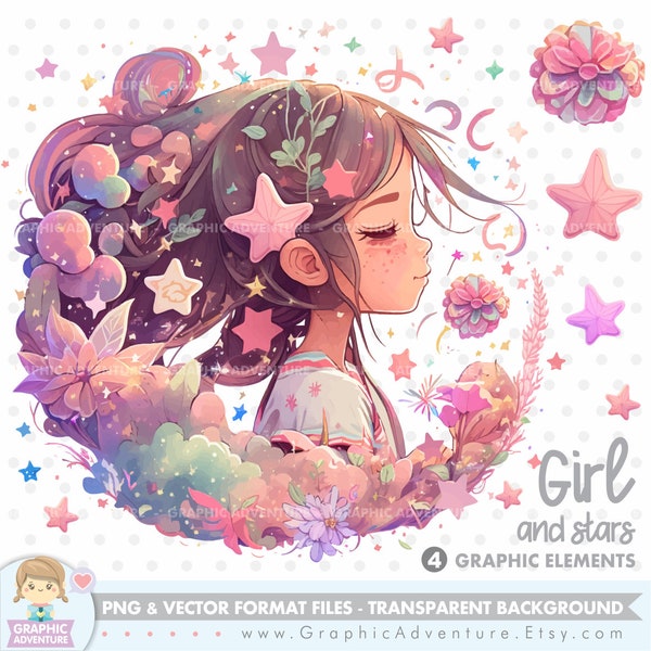 Girl Clipart, Girl Graphic, Fairytale Clipart, Girl and Stars, Girl Dreaming, Stars Clipart, Girl Illustration, Spring, Cute, Celestial