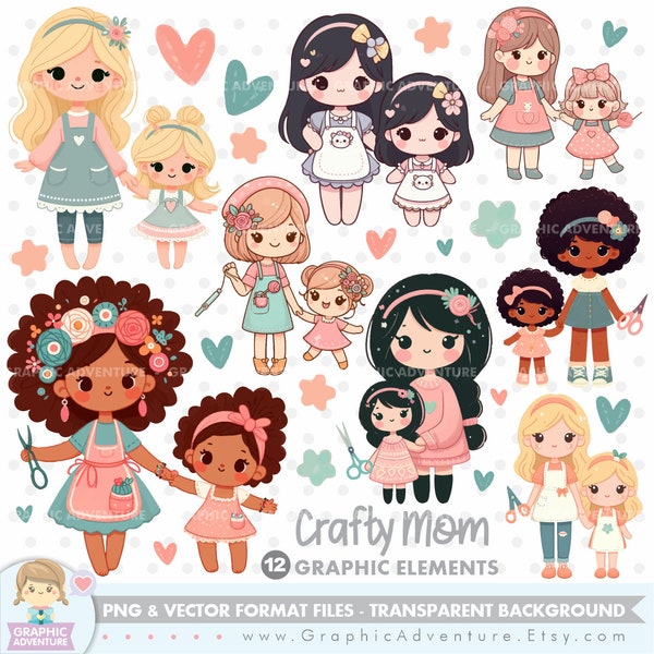 Mother's Day, Clipart, Mom Clipart, Crafty Girl, Clipart, Doll Clipart, Doll Graphics, Craft, Craft Clipart, Handmade, Cute Mom, Png, Family