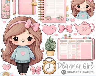 Planner Girl, Clipart, Planning, Back to School, Schoool Clipart, Planner Accessories, Let's plan, Notebook Clipart, Planner Supplies, Png