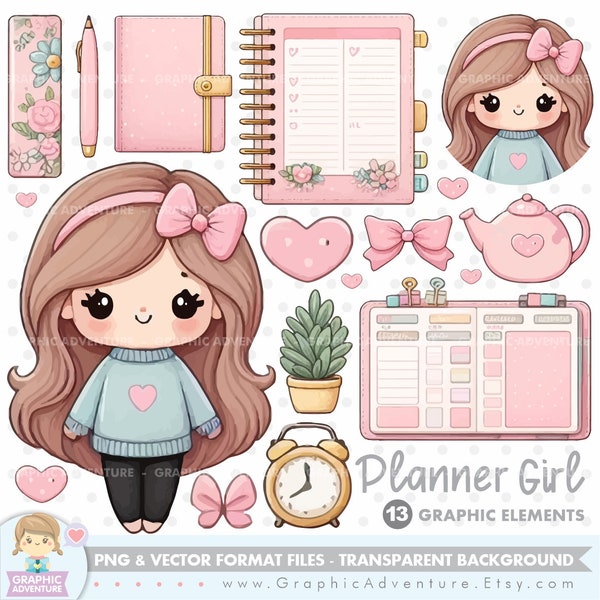 Planner Girl, Clipart, Planning, Back to School, Schoool Clipart, Planner Accessories, Let's plan, Notebook Clipart, Planner Supplies, Png