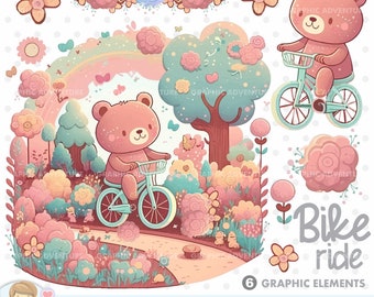 Bear Clipart, Bike Ride Clipart, Bicycle Bear Clipart, Bike Vector, Travel Clipart, Ride Bike, Travel Graphics, Bicycle Clipart, Spring