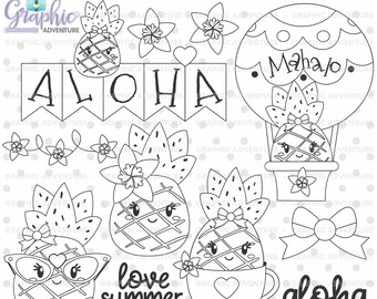 Summer Stamps, Pineapple Stamps, Aloha Stamps, COMMERCIAL USE, Baby Shower Stamps, Summer Coloring Page, Summer Party, Aloha
