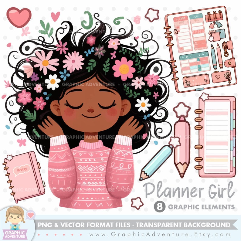 Planner Girl, Clipart, Planning, Back to School, Schoool Clipart, Planner Accessories, Let's plan, Notebook Clipart, Planner Supplies, Png image 1