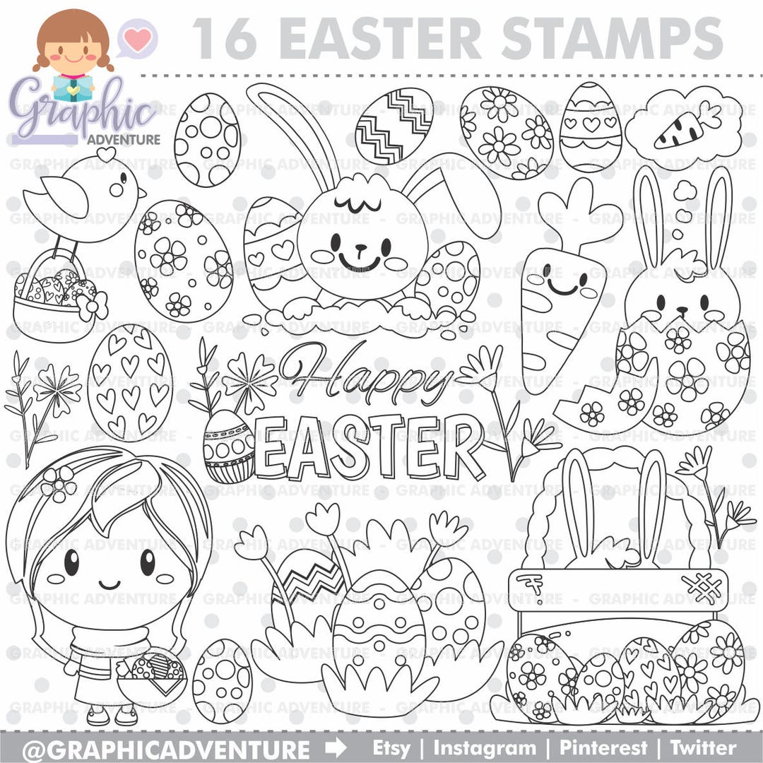 Easter Stamps Bunny Stamps Digital Stamps Easter Coloring Etsy