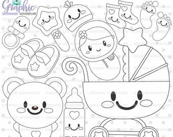 Baby Girl Stamps, Baby Stamps, Digi Stamp, Digital Stamps, Baby Coloring Page, COMMERCIAL USE, Baby Digistamp, Baby Girl Clipart