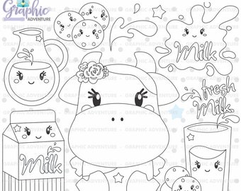 Milk Stamps, Cow Stamps, Breakfast Stamps, COMMERCIAL USE, Milk Coloring Page, Scrapbooking Stamps, Cow Coloring Page, Cookie Stamps, Cute