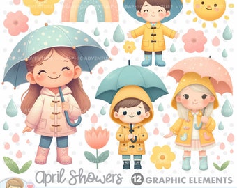 April Showers, Clipart, Spring Graphics, Rainy Day, Rain Clipart, Printable, Umbrella Clipart, Rain Boots Clipart, Children, Kids, Umbrella