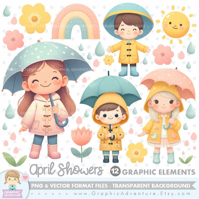 April Showers, Clipart, Spring Graphics, Rainy Day, Rain Clipart, Printable, Umbrella Clipart, Rain Boots Clipart, Children, Kids, Umbrella image 1