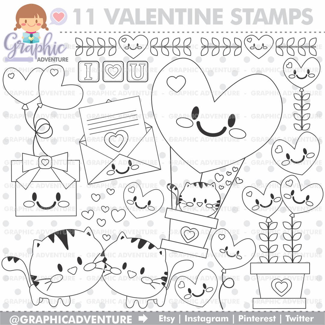 Valentine Stamps Cat Stamps Digi Stamp Digital Stamps Etsy