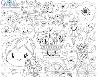 Spring Stamps, Flower Stamps, Spring Coloring Page, COMMERCIAL USE, Digital Stamp, Digital Image, Spring Digistamp, Spring Clipart