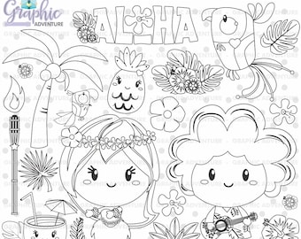 Hawaiian Stamps, Digital Stamp, Hawaiian Coloring Page, COMMERCIAL USE, Hawaiian Digistamp, Hula Girl Stamps, Hula Stamps, Summer