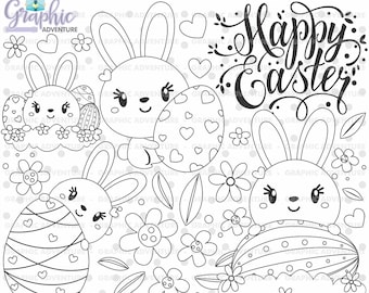 Easter Stamps, Bunny Stamps, Digital Stamps, Easter Coloring Page, COMMERCIAL USE, Easter Digistamp, Easter Egg Stamps, Clip Art