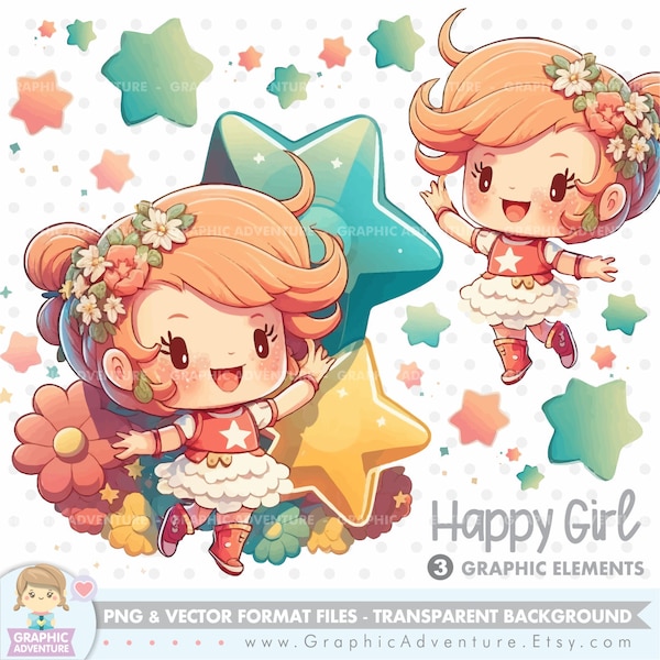 Little Girl Clipart, Happy Girl Clipart, Kids Clipart, Girl Illustration, Cute Girl Graphics, Girl Clip Art, Girl Clipart Vector, Stars