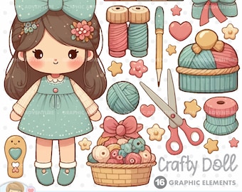 Crafty Girl, Clipart, Doll Clipart, Knitting accessories, Knitting Supplies, Knitting Girl, Doll Graphics, Doll Girl, Craft Supplies, Png