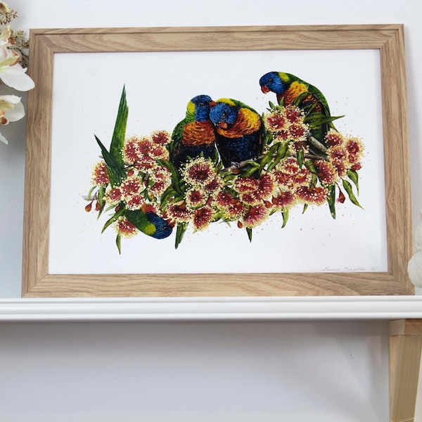 LIMITED EDITION- Rainbow lorikeet's "the two of us" with gold leaf, watercolour artwork, Australian bird art.